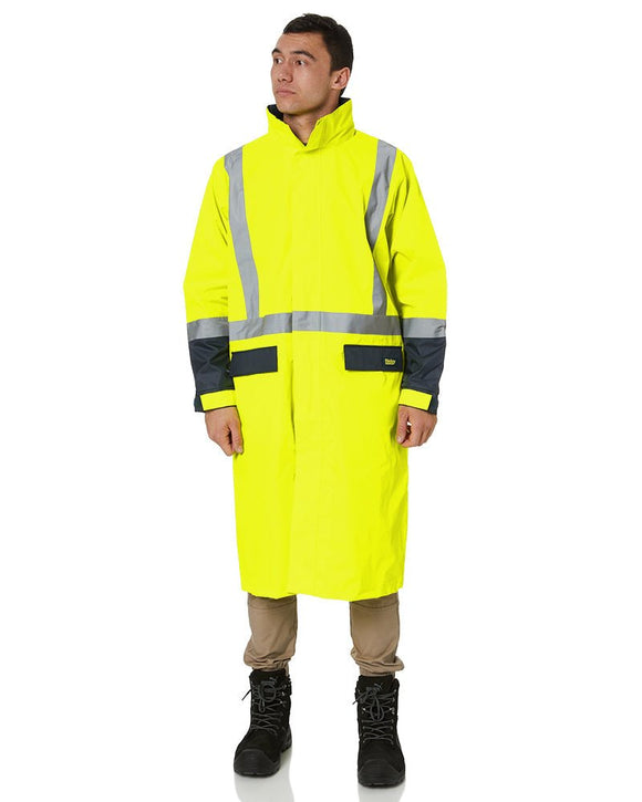 Hi Vis Taped Long Rain Coat - Yellow/Navy - AJP Industrial Supplies - bisley - bj6961t - tt04 - xs