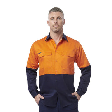 King Gee Originals Hi - Vis Long Sleeve Drill Work Shirt ( K54015 ) - AJP Industrial Supplies - K54015 - Orange/Navy - 2XS