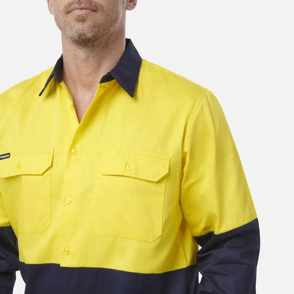 King Gee Originals Hi - Vis Long Sleeve Drill Work Shirt ( K54015 ) - AJP Industrial Supplies - K54015 - Orange/Navy - 2XS
