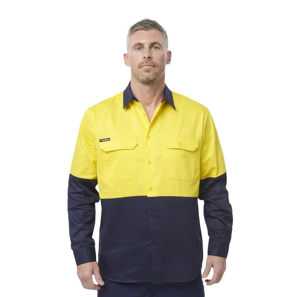 King Gee Originals Hi - Vis Long Sleeve Drill Work Shirt ( K54015 ) - AJP Industrial Supplies - K54015 - Yellow/Navy - S