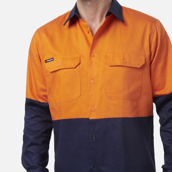 King Gee Originals Hi - Vis Long Sleeve Drill Work Shirt ( K54015 ) - AJP Industrial Supplies - K54015 - Orange/Navy - 2XS