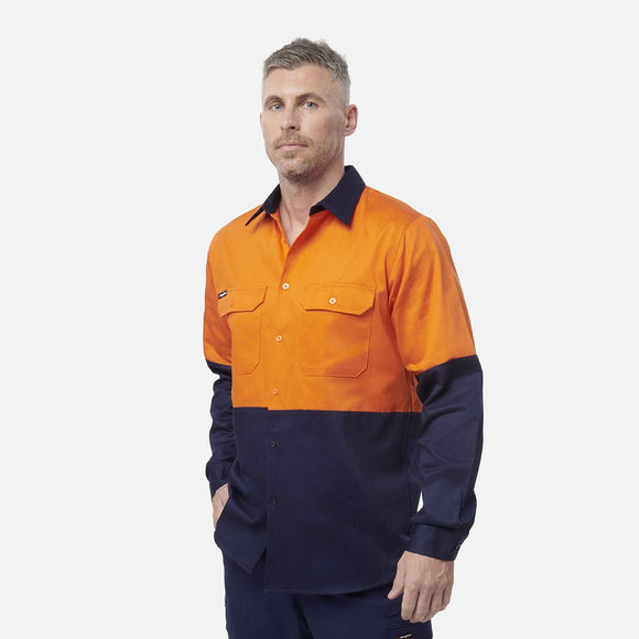 King Gee Originals Hi - Vis Long Sleeve Drill Work Shirt ( K54015 ) - AJP Industrial Supplies - K54015 - Orange/Navy - 2XS