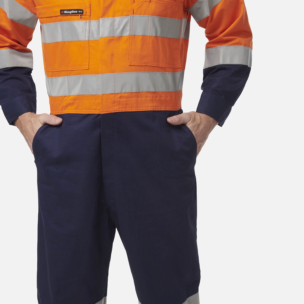 King Gee Originals Hi - Vis Reflective Two Tone Drill Work Overalls (K51525) - AJP Industrial Supplies - K51525 - Orange/Navy - 82R