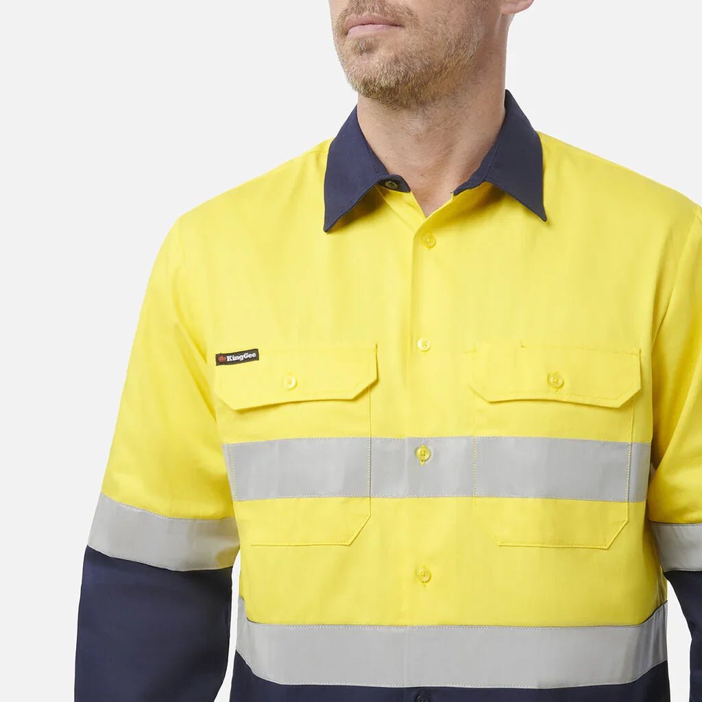 King Gee Originals Hi - Vis Reflective Two Tone Long Sleeve Work Shirt (K54315) - AJP Industrial Supplies - K54315 - Orange/Navy - S