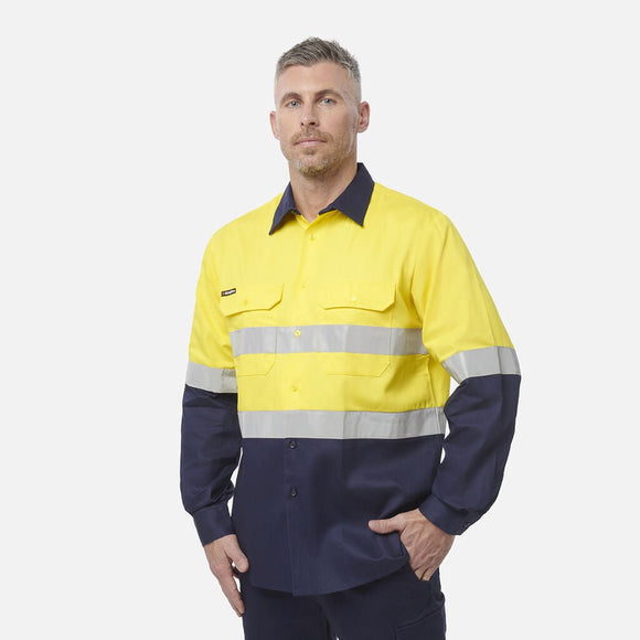 King Gee Originals Hi - Vis Reflective Two Tone Long Sleeve Work Shirt (K54315) - AJP Industrial Supplies - K54315 - Orange/Navy - S