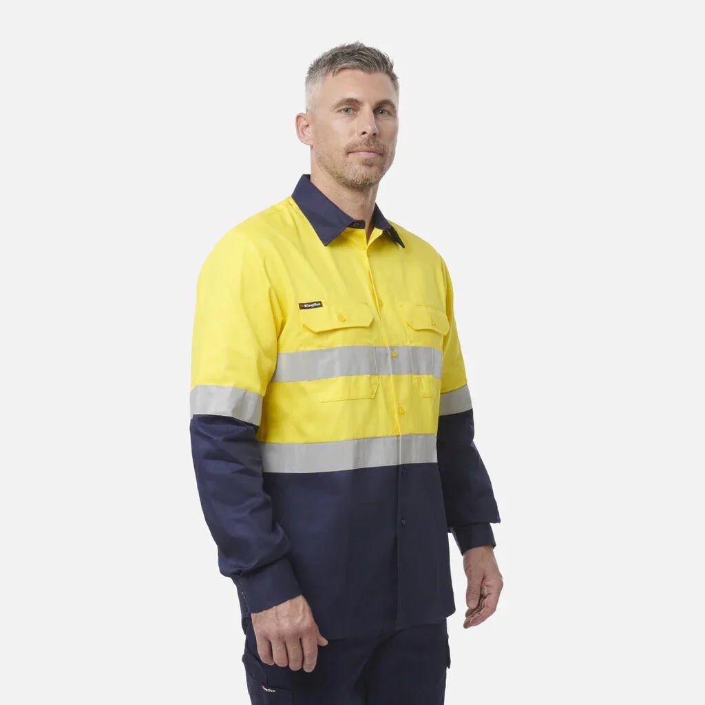 King Gee Originals Hi - Vis Reflective Two Tone Long Sleeve Work Shirt (K54315) - AJP Industrial Supplies - K54315 - Orange/Navy - S