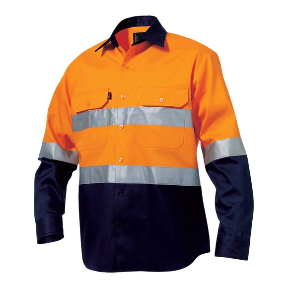 King Gee Originals Hi - Vis Reflective Two Tone Long Sleeve Work Shirt (K54315) - AJP Industrial Supplies - K54315 - Orange/Navy - S