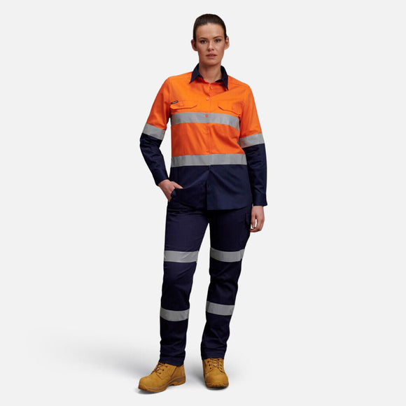 King Gee Women's Hi - Vis Reflective Long Sleeve Work Shirt (K44532) - AJP Industrial Supplies - K44532 - Orange/Navy - 6