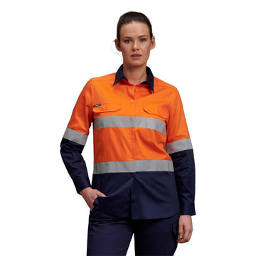 King Gee Women's Hi - Vis Reflective Long Sleeve Work Shirt (K44532) - AJP Industrial Supplies - K44532 - Orange/Navy - 6