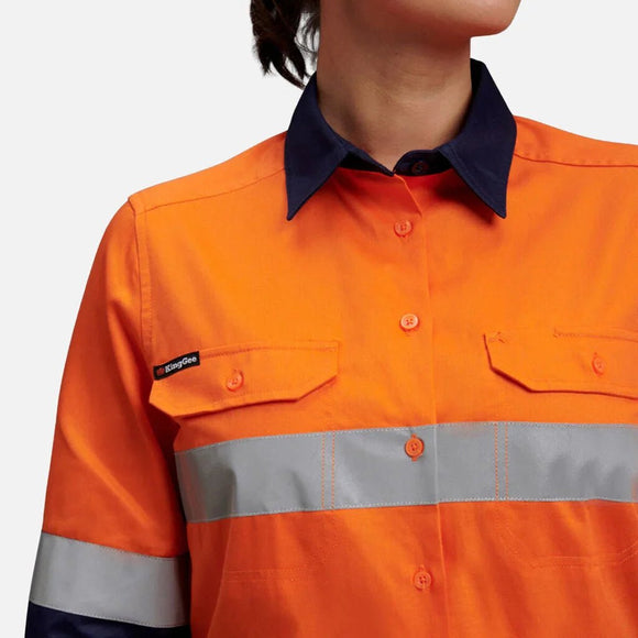 King Gee Women's Hi - Vis Reflective Long Sleeve Work Shirt (K44532) - AJP Industrial Supplies - K44532 - Orange/Navy - 6