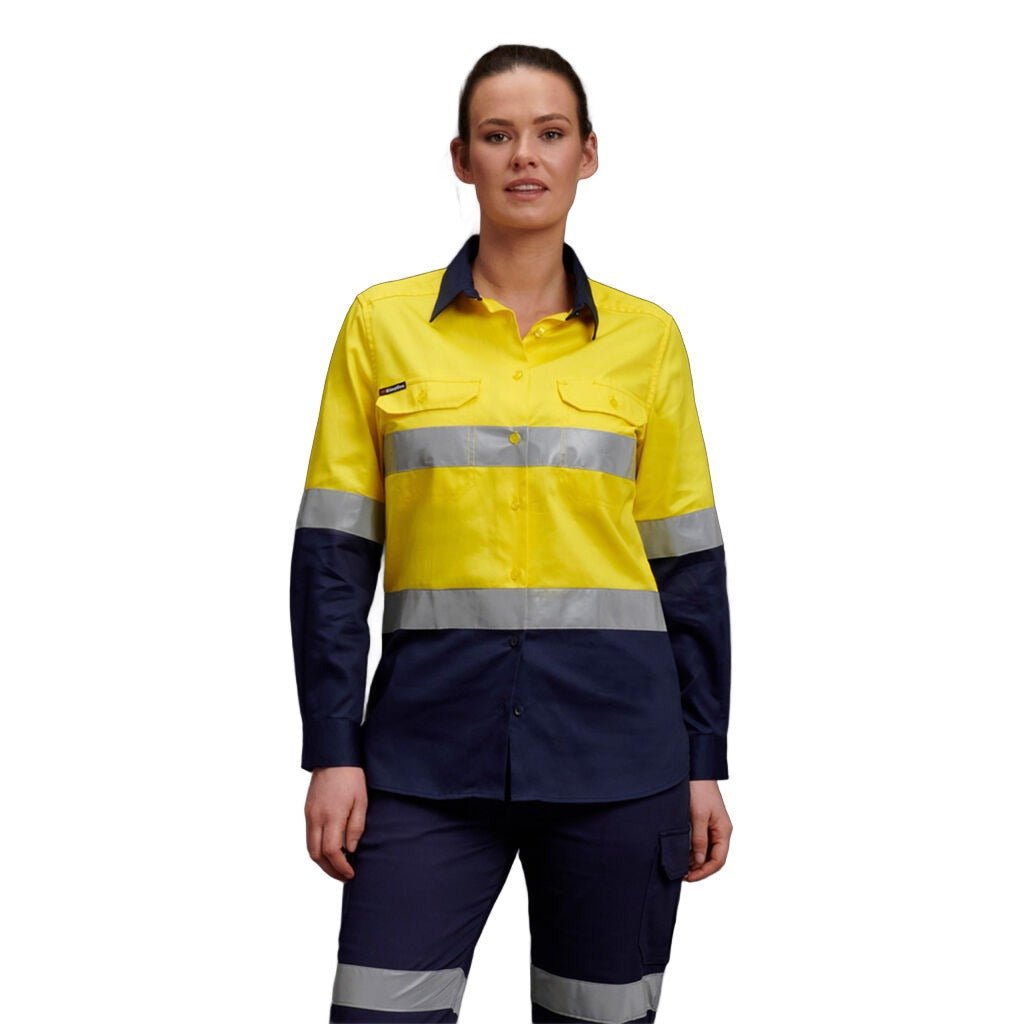 King Gee Women's Hi - Vis Reflective Long Sleeve Work Shirt (K44532) - AJP Industrial Supplies - K44532 - Yellow/Navy - 6