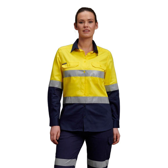 King Gee Women's Hi - Vis Reflective Long Sleeve Work Shirt (K44532) - AJP Industrial Supplies - K44532 - Yellow/Navy - 6