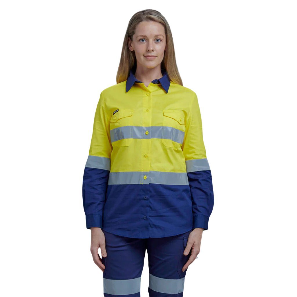 King Gee Women's Workcool 2 Hi - Vis Lightweight Reflective Work Shirt (K44544) - AJP Industrial Supplies - K44544 - Yellow/Navy - 6