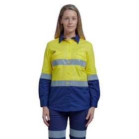 King Gee Women's Workcool 2 Hi - Vis Lightweight Reflective Work Shirt (K44544) - AJP Industrial Supplies - K44544 - Yellow/Navy - 6
