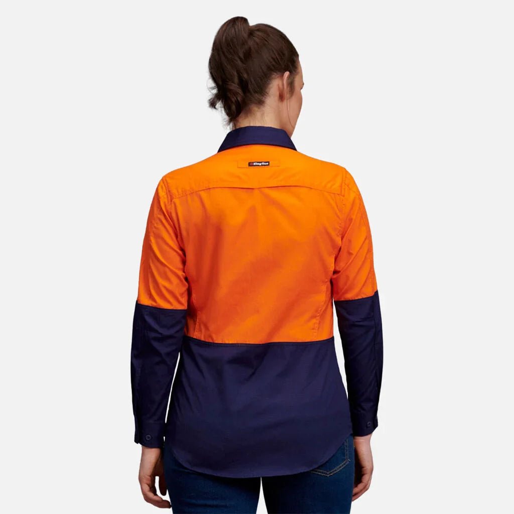 King Gee Women's Workcool 2 Hi - Vis Lightweight Work Shirt (K44543) - AJP Industrial Supplies - K44543 - Orange/Navy - 6