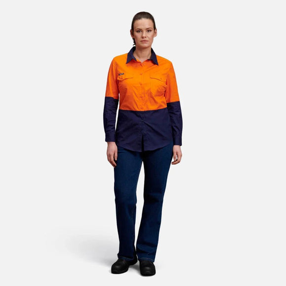 King Gee Women's Workcool 2 Hi - Vis Lightweight Work Shirt (K44543) - AJP Industrial Supplies - K44543 - Orange/Navy - 6