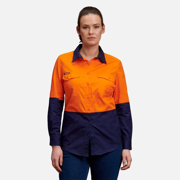 King Gee Women's Workcool 2 Hi - Vis Lightweight Work Shirt (K44543) - AJP Industrial Supplies - K44543 - Orange/Navy - 6