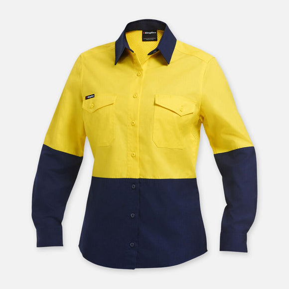King Gee Women's Workcool 2 Hi - Vis Lightweight Work Shirt (K44543) - AJP Industrial Supplies - K44543 - Yellow/Navy - 6