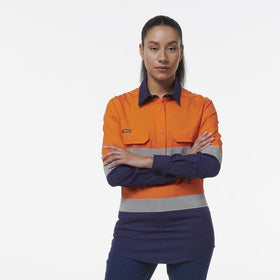 King Gee Women's Workcool Vented Closed Front Reflective Shirt (K44230) - AJP Industrial Supplies - K44230 - Orange/Navy - 6