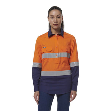 King Gee Women's Workcool Vented Closed Front Reflective Shirt (K44230) - AJP Industrial Supplies - K44230 - Orange/Navy - 6