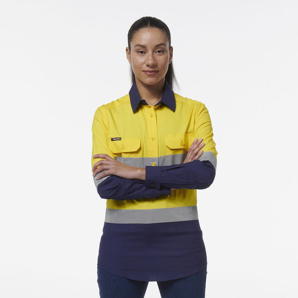 King Gee Women's Workcool Vented Closed Front Reflective Shirt (K44230) - AJP Industrial Supplies - K44230 - Orange/Navy - 6