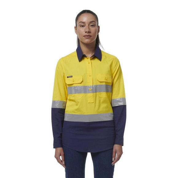 King Gee Women's Workcool Vented Closed Front Reflective Shirt (K44230) - AJP Industrial Supplies - K44230 - Yellow/Navy - 6