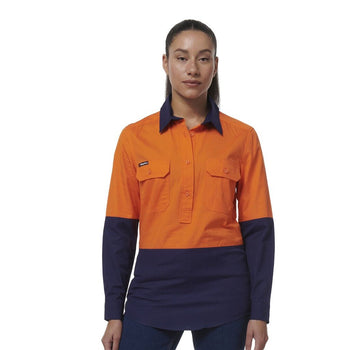 King Gee Women's Workcool Vented Closed Front Spliced Shirt (K44211) - AJP Industrial Supplies - K44211 - Orange/Navy - 6