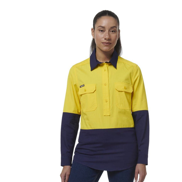 King Gee Women's Workcool Vented Closed Front Spliced Shirt (K44211) - AJP Industrial Supplies - K44211 - Yellow/Navy - 6