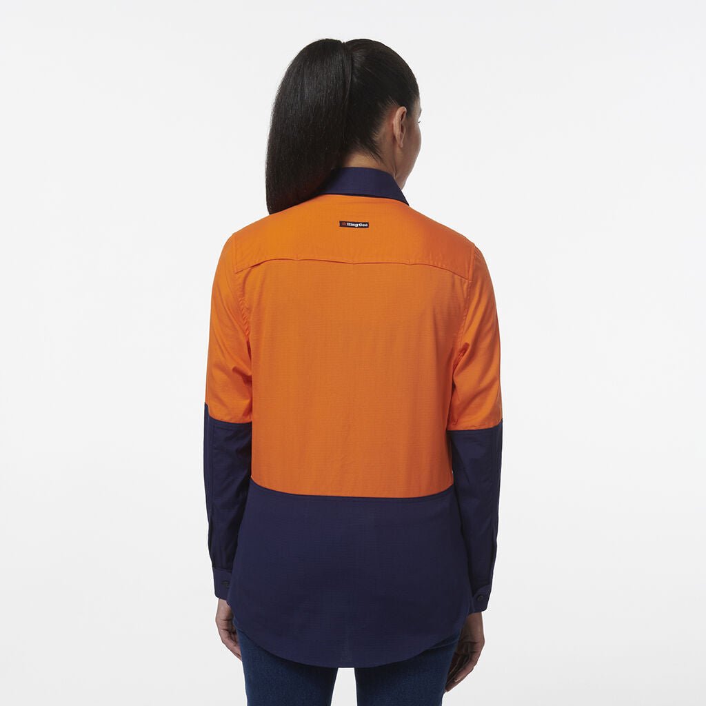 King Gee Women's Workcool Vented Closed Front Spliced Shirt (K44211) - AJP Industrial Supplies - K44211 - Orange/Navy - 6