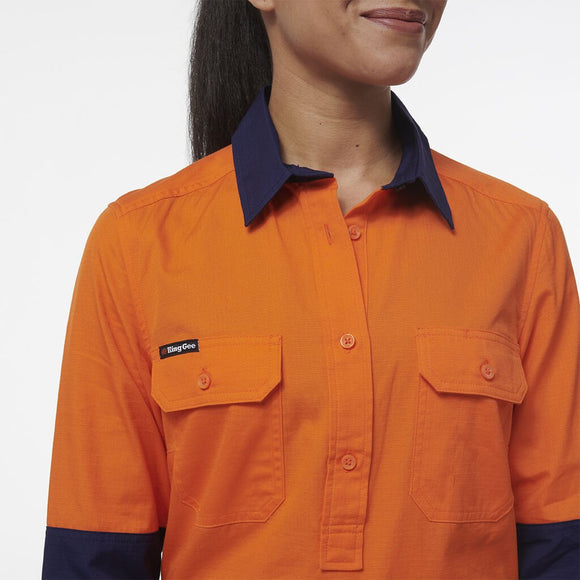 King Gee Women's Workcool Vented Closed Front Spliced Shirt (K44211) - AJP Industrial Supplies - K44211 - Orange/Navy - 6