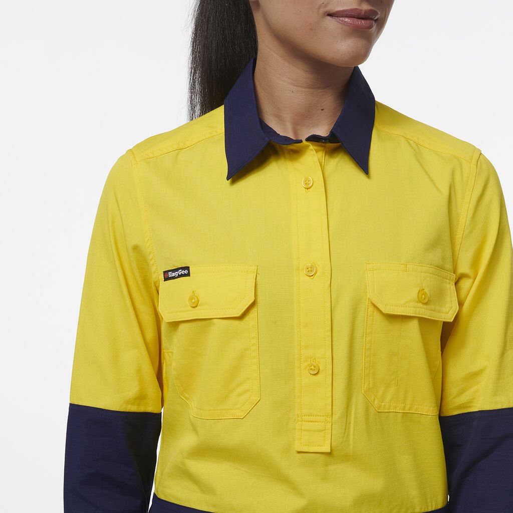 King Gee Women's Workcool Vented Closed Front Spliced Shirt (K44211) - AJP Industrial Supplies - K44211 - Orange/Navy - 6