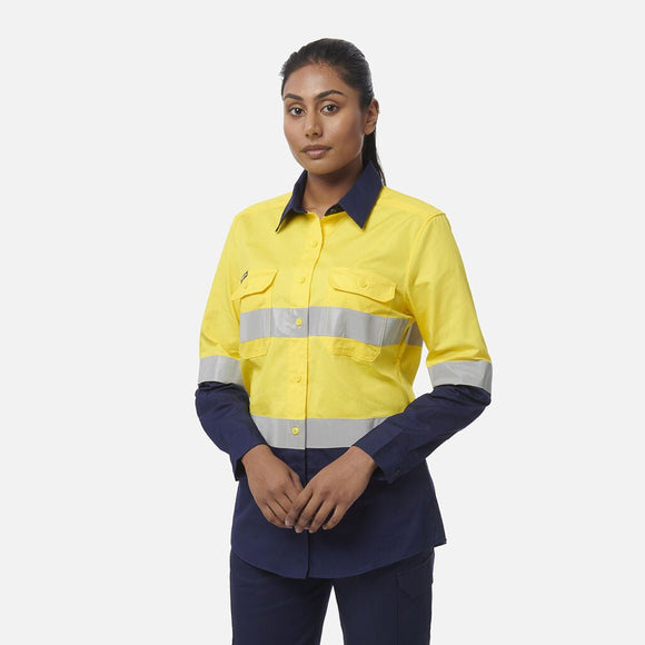 King Gee Women's Workcool Vented Spliced Spliced Shirt Taped Long Sleeve (K44227) - AJP Industrial Supplies - K44227 - Orange/Navy - 6