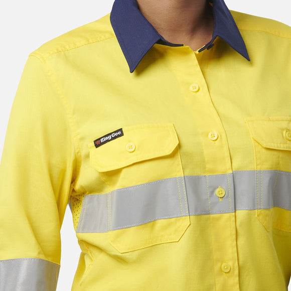 King Gee Women's Workcool Vented Spliced Spliced Shirt Taped Long Sleeve (K44227) - AJP Industrial Supplies - K44227 - Orange/Navy - 6