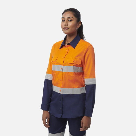 King Gee Women's Workcool Vented Spliced Spliced Shirt Taped Long Sleeve (K44227) - AJP Industrial Supplies - K44227 - Orange/Navy - 6