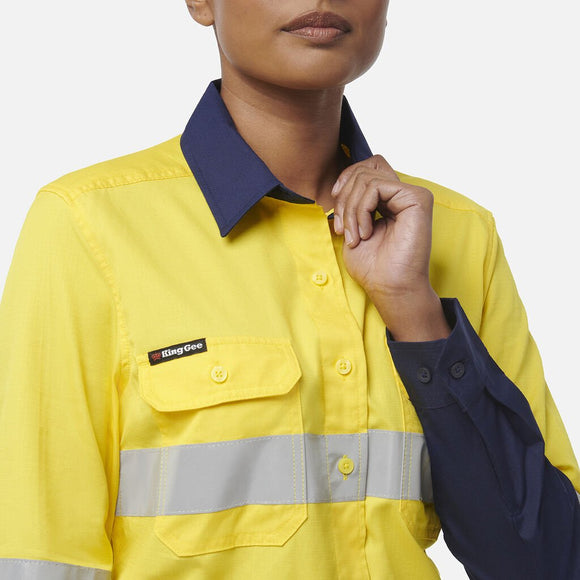 King Gee Women's Workcool Vented Spliced Spliced Shirt Taped Long Sleeve (K44227) - AJP Industrial Supplies - K44227 - Orange/Navy - 6