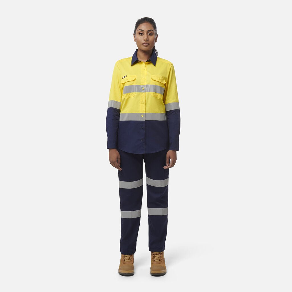King Gee Women's Workcool Vented Spliced Spliced Shirt Taped Long Sleeve (K44227) - AJP Industrial Supplies - K44227 - Orange/Navy - 6
