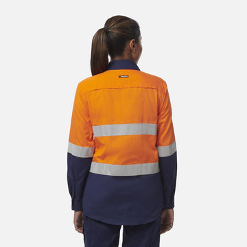 King Gee Women's Workcool Vented Spliced Spliced Shirt Taped Long Sleeve (K44227) - AJP Industrial Supplies - K44227 - Orange/Navy - 6