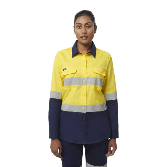 King Gee Women's Workcool Vented Spliced Spliced Shirt Taped Long Sleeve (K44227) - AJP Industrial Supplies - K44227 - Yellow/Navy - 6