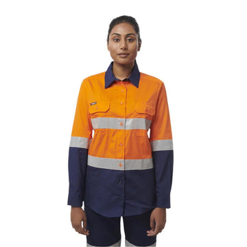 King Gee Women's Workcool Vented Spliced Spliced Shirt Taped Long Sleeve (K44227) - AJP Industrial Supplies - K44227 - Orange/Navy - 6
