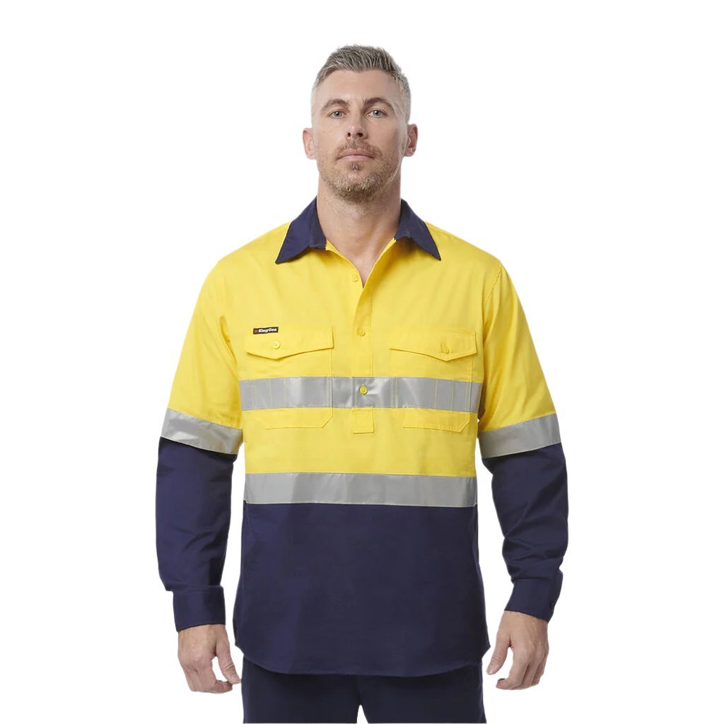 King Gee Workcool 2 Hi - Vis Reflective Closed Front Work Shirt (K54886) - AJP Industrial Supplies - K54886 - Yellow/Navy - 2XS