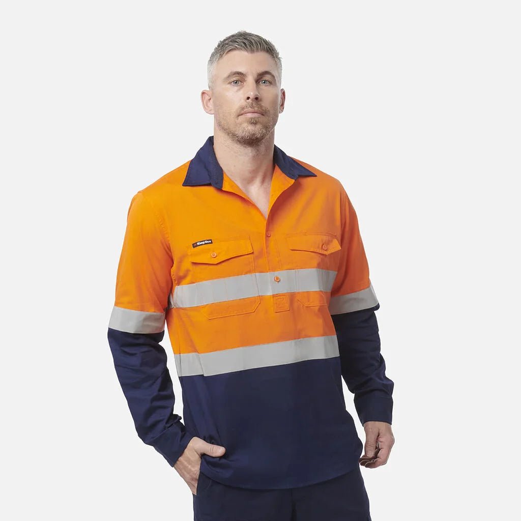 King Gee Workcool 2 Hi - Vis Reflective Closed Front Work Shirt (K54886) - AJP Industrial Supplies - K54886 - Orange/Navy - 2XS