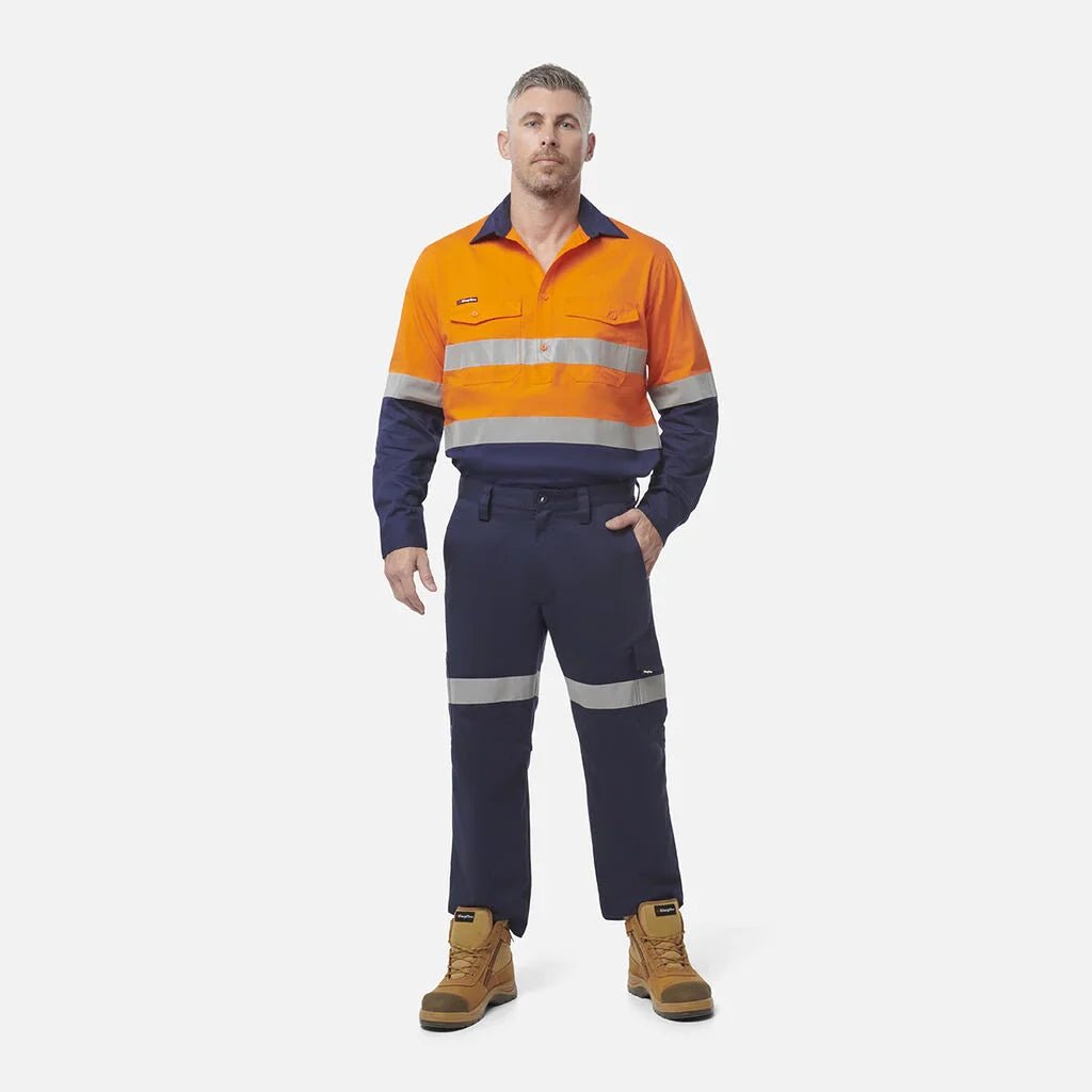 King Gee Workcool 2 Hi - Vis Reflective Closed Front Work Shirt (K54886) - AJP Industrial Supplies - K54886 - Orange/Navy - 2XS