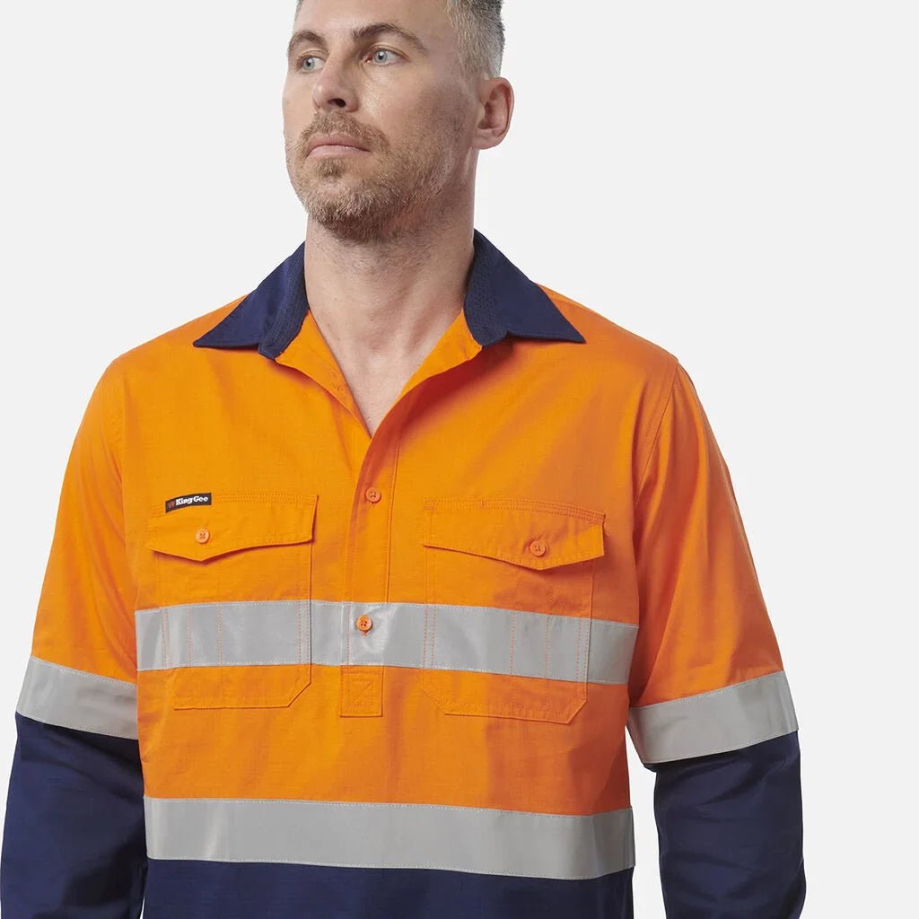 King Gee Workcool 2 Hi - Vis Reflective Closed Front Work Shirt (K54886) - AJP Industrial Supplies - K54886 - Orange/Navy - 2XS
