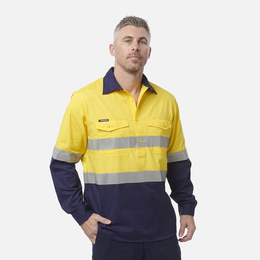 King Gee Workcool 2 Hi - Vis Reflective Closed Front Work Shirt (K54886) - AJP Industrial Supplies - K54886 - Orange/Navy - 2XS