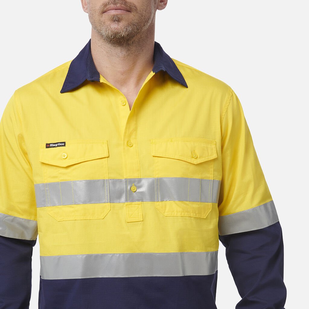 King Gee Workcool 2 Hi - Vis Reflective Closed Front Work Shirt (K54886) - AJP Industrial Supplies - K54886 - Orange/Navy - 2XS