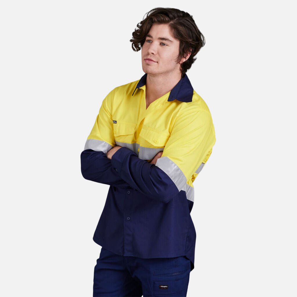 King Gee Workcool 2 Hi - Vis Reflective Two Tone Long Sleeve Work Shirt (K54880) - AJP Industrial Supplies - K54880 - Orange/Navy - 2XS