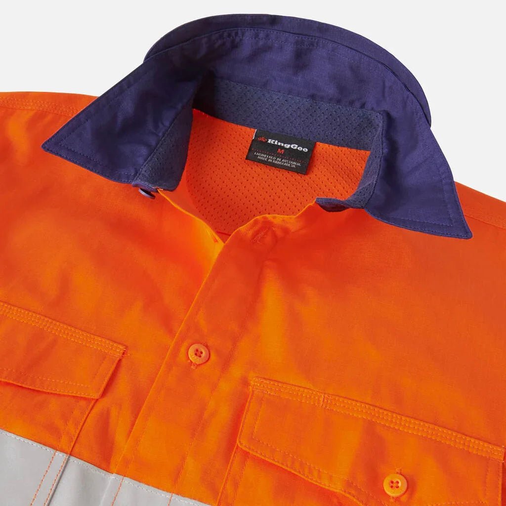 King Gee Workcool 2 Hi - Vis Reflective Two Tone Long Sleeve Work Shirt (K54880) - AJP Industrial Supplies - K54880 - Orange/Navy - 2XS