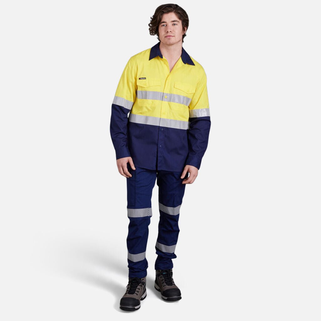 King Gee Workcool 2 Hi - Vis Reflective Two Tone Long Sleeve Work Shirt (K54880) - AJP Industrial Supplies - K54880 - Orange/Navy - 2XS