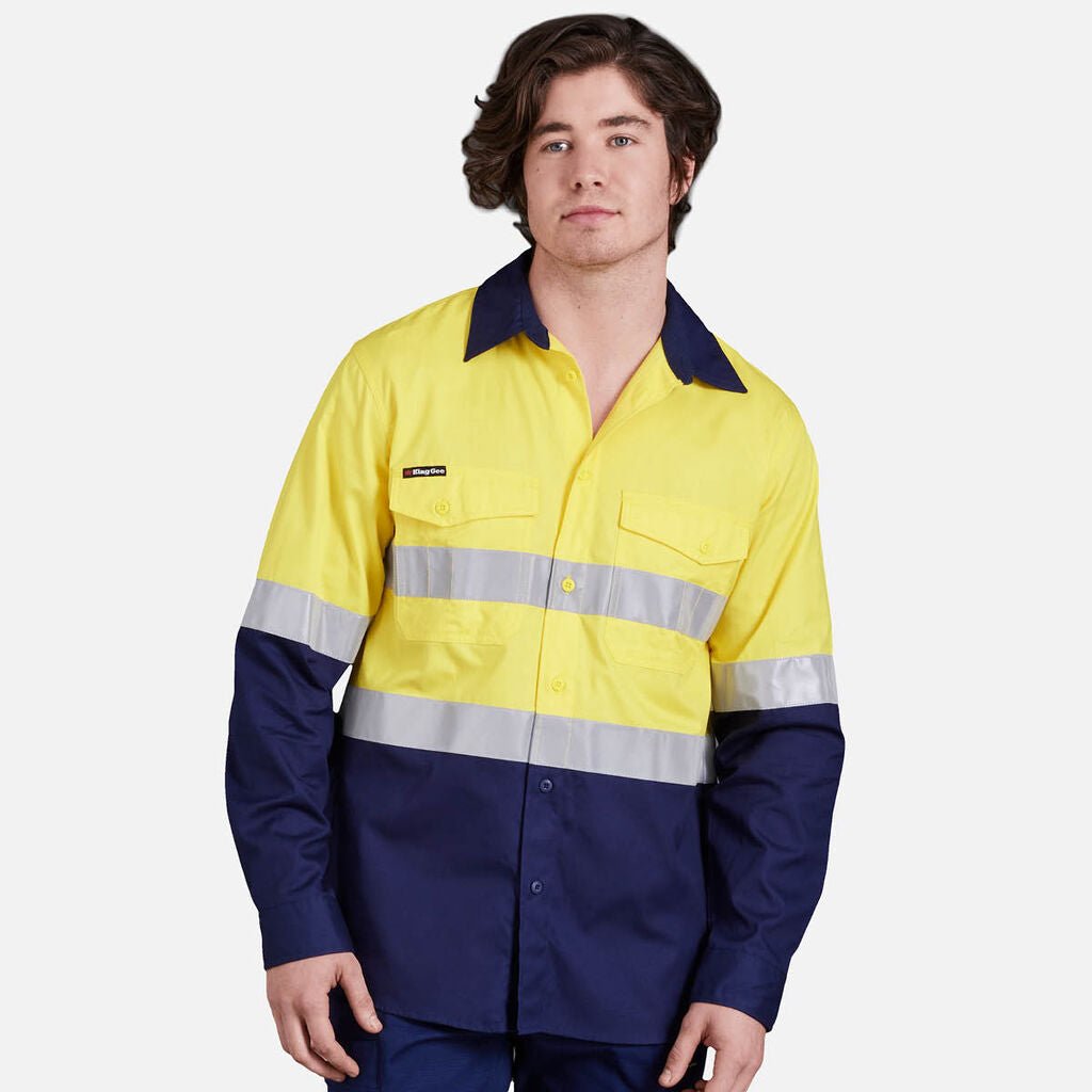 King Gee Workcool 2 Hi - Vis Reflective Two Tone Long Sleeve Work Shirt (K54880) - AJP Industrial Supplies - K54880 - Yellow/Navy - 2XS