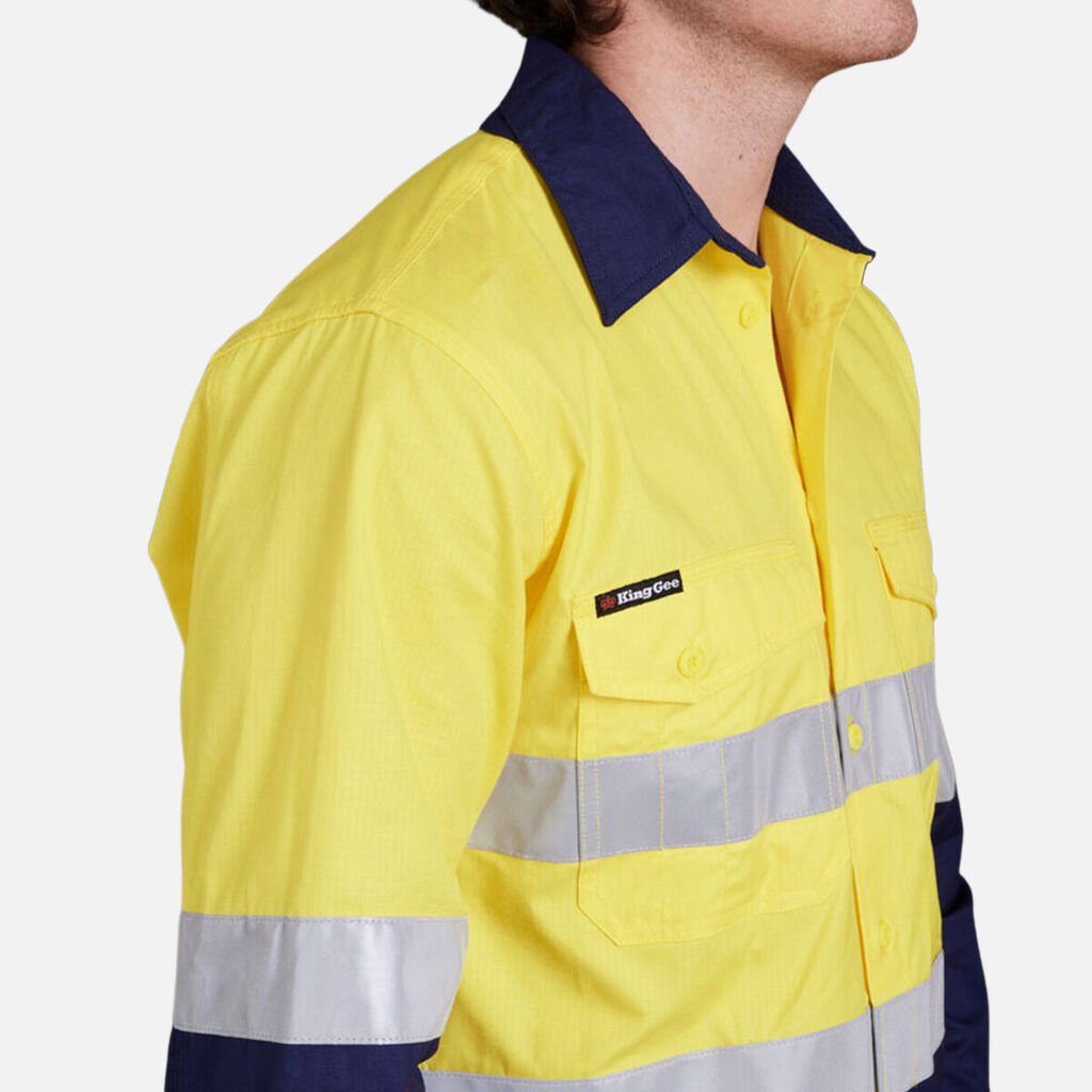 King Gee Workcool 2 Hi - Vis Reflective Two Tone Long Sleeve Work Shirt (K54880) - AJP Industrial Supplies - K54880 - Orange/Navy - 2XS